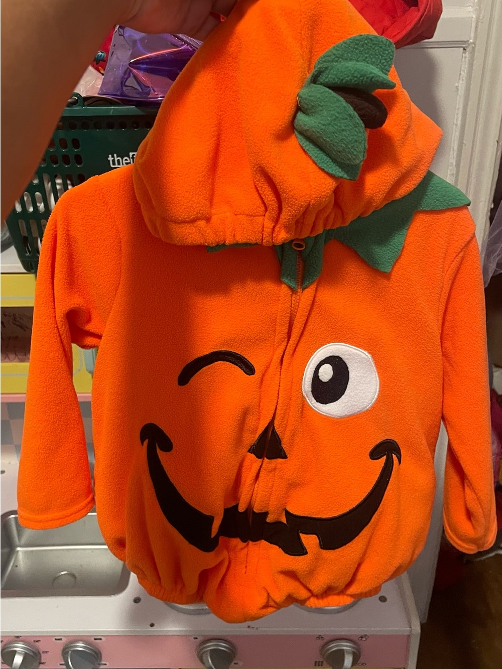 Primark Orange Pumpkin Hooded Kids Costume Jacket with Green Leaf Hood